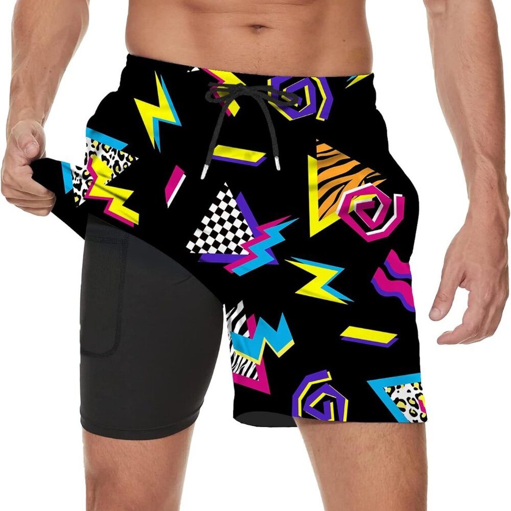 Vintage 80s Memphis Mens Beach Shorts Funny Elastic Waist Quick Dry Swim Trunks